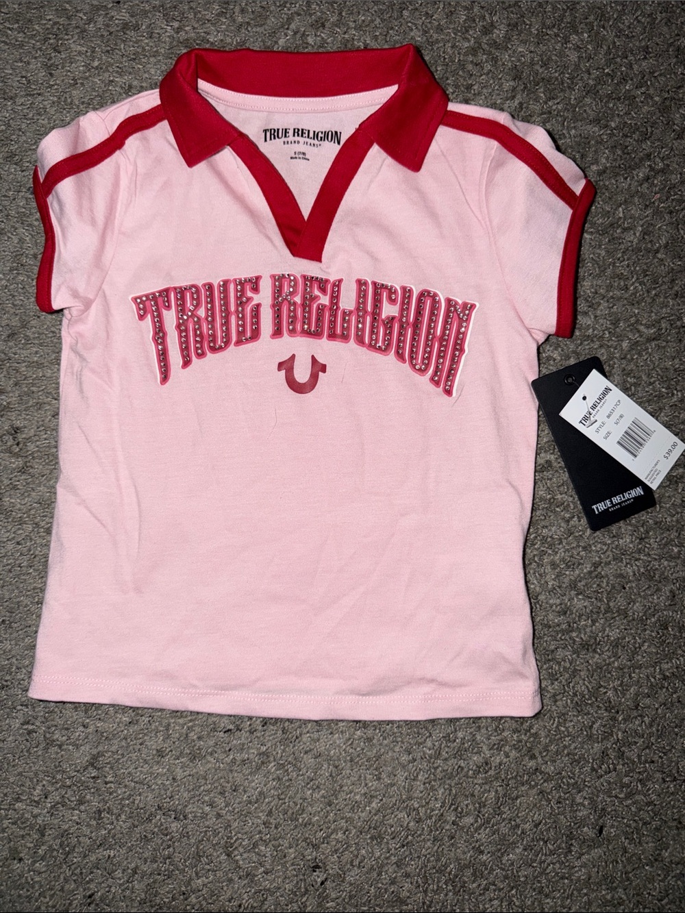 True Religion Pink Polo Top with Red Trim and Logo